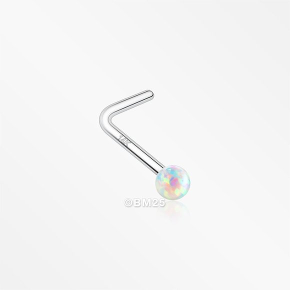14 Karat White Gold Fire Opal Ball L-Shaped Nose Ring - Picture 5 of 5